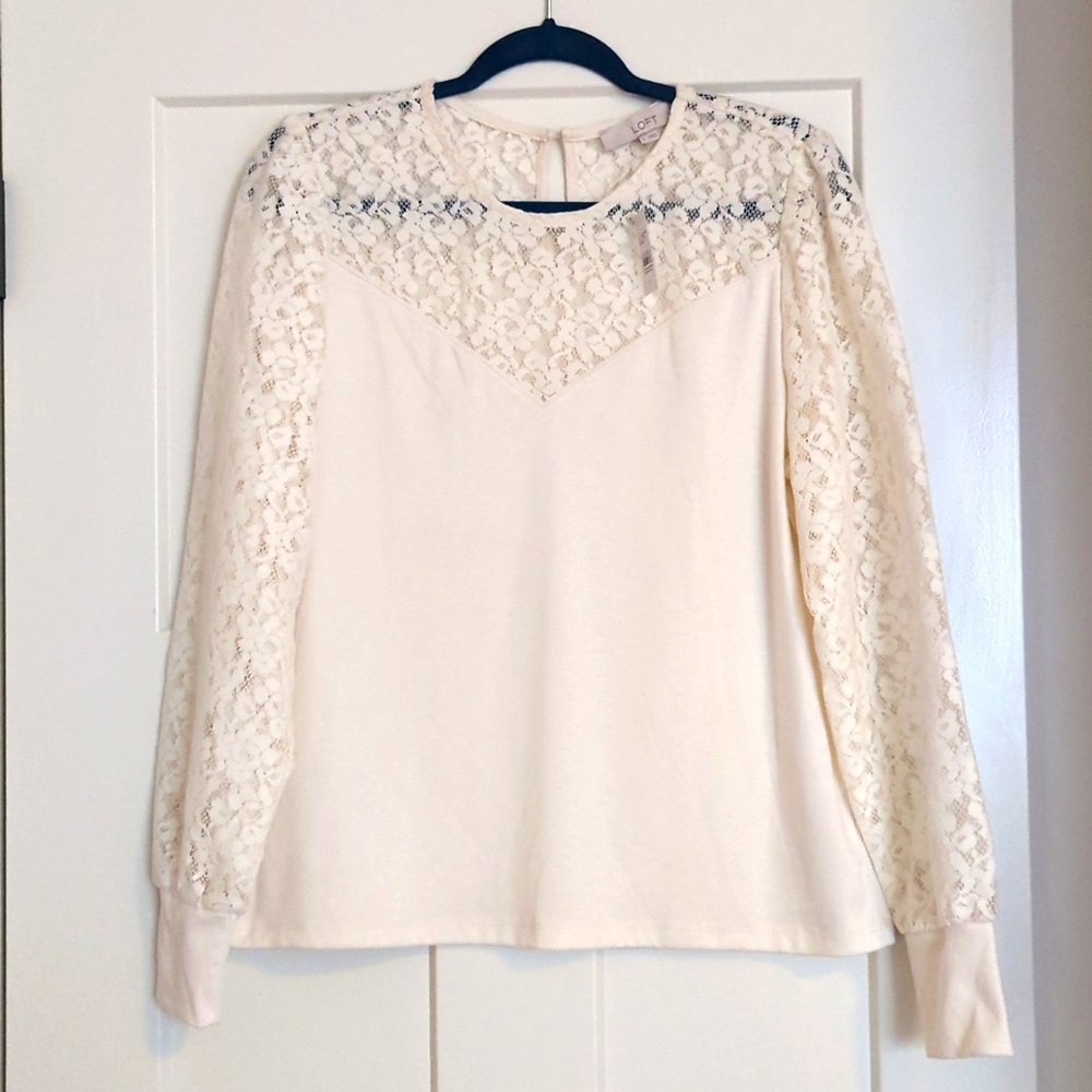 LOFT Mixed Media Lace Top Cream Size Large.